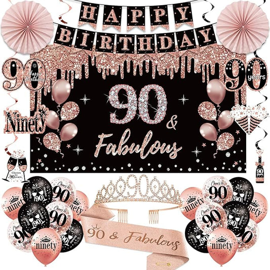 90th Birthday Decorations for Women 33pcs 90th Crown and Sash Black