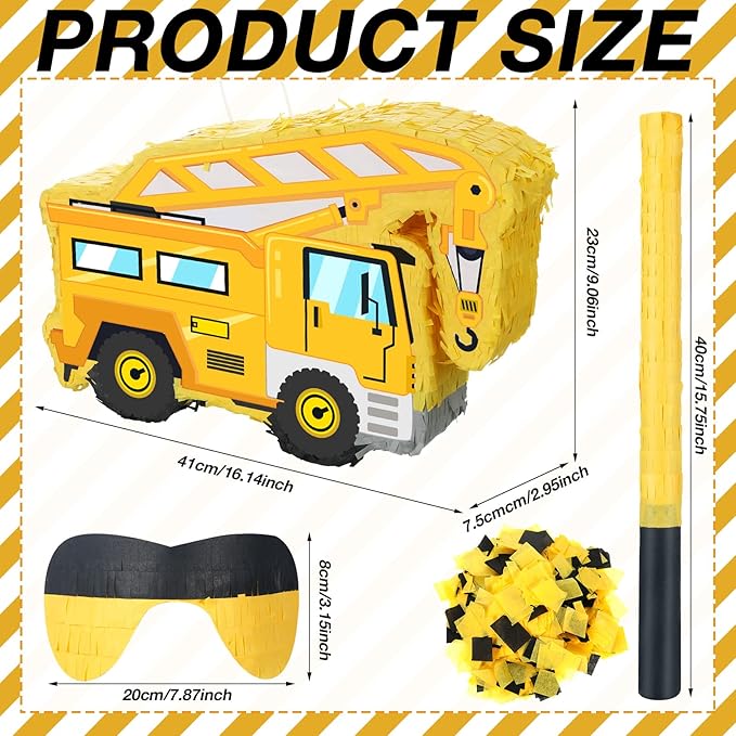 Construction Truck Piñata with Blindfold Bat and Confetti
