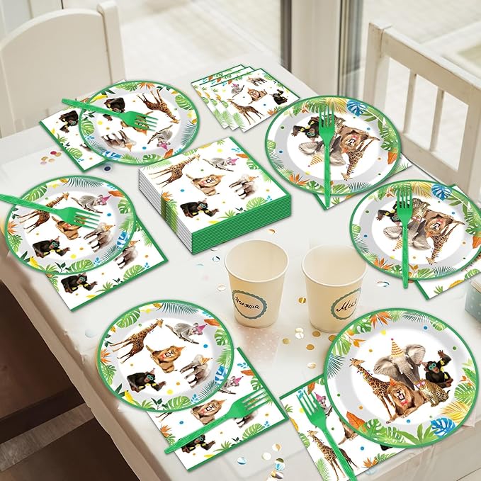 96Pcs Jungle Birthday Party Plates and Napkins Safari Animals Themed