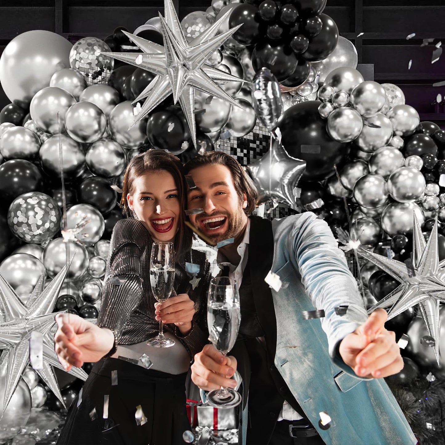 FOTIOMRG Black and Silver Balloons Garland Arch Kit with 3pcs Star