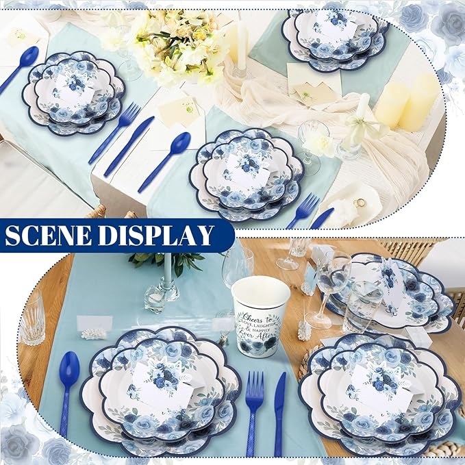 410 Pcs Blue Floral Wedding Decorations Elegant Floral Paper Plates
