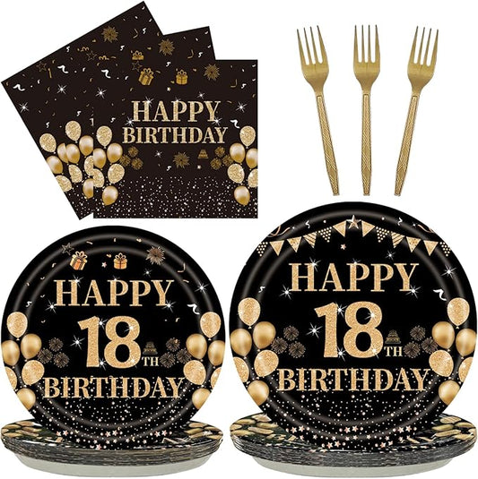 96PCS 18th Birthday Party Plates Set Black and Gold Theme