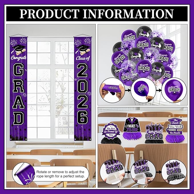 Graduation Decorations 2026 Purple Graduation Party Decor Set include