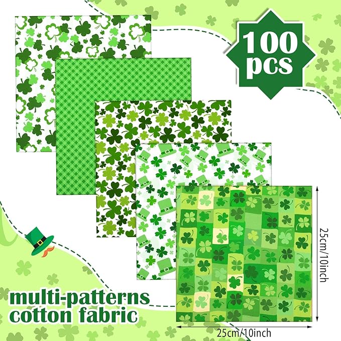 100 Pcs 10 x 10 Inch St Patrick's Day Fabric Squares Bundles Irish