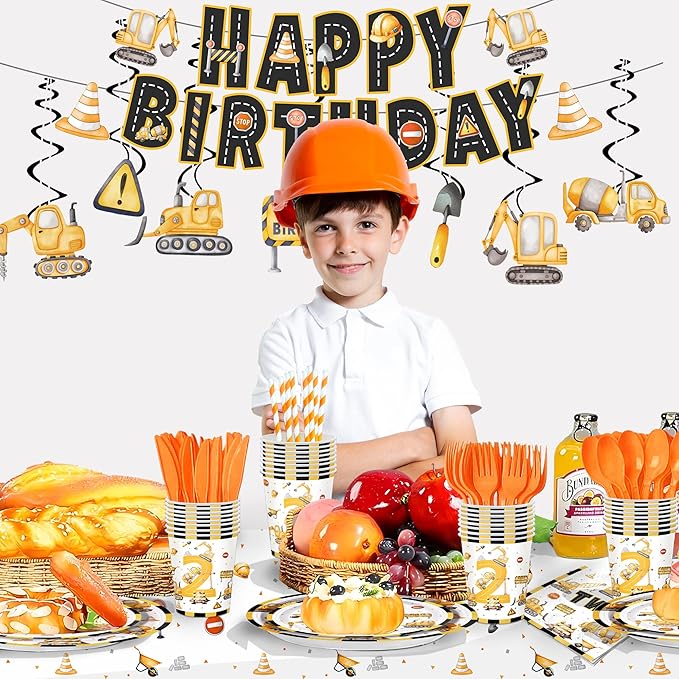 201pcs Construction 2nd Birthday Party Decorations 2nd Plates