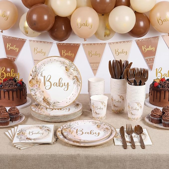 175 Pcs Boho Baby Shower Decorations, 25 Guest Baby Shower Plates and