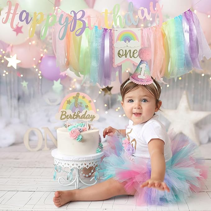 Macaron Pastel Rainbow High Chair Banner for 1st Birthday