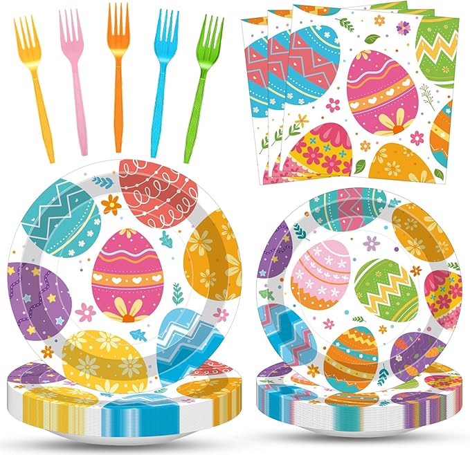 100 Pcs Easter Egg Tableware Party Supplies Set Serves 25 Disposable