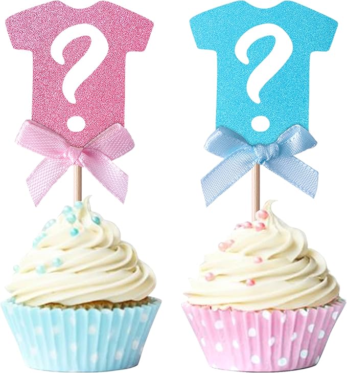 24 Pack Gender Reveal Cupcake Toppers Glitter Onesie Question Mark