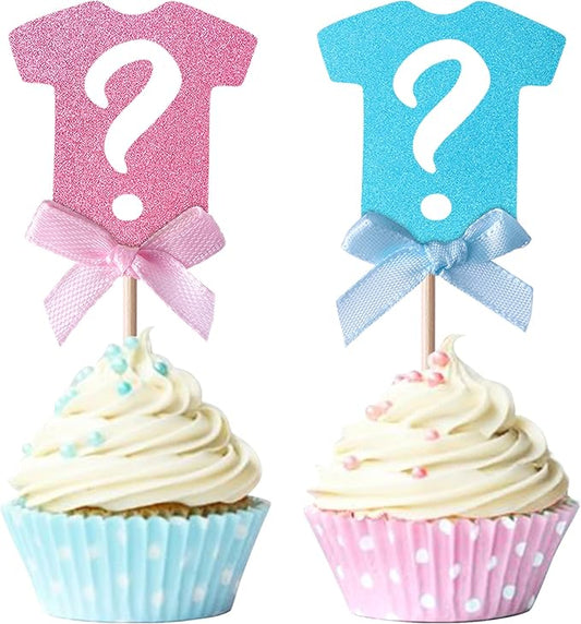 24 Pack Gender Reveal Cupcake Toppers Glitter Onesie Question Mark