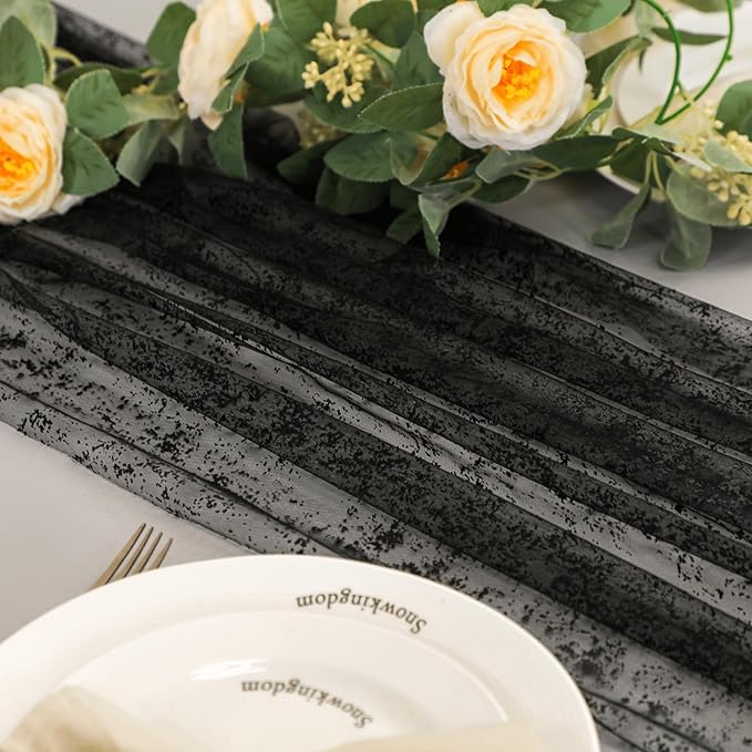 Snowkingdom Black Table Runner, 10FT Sheer Tulle Gauze Metallic Mesh