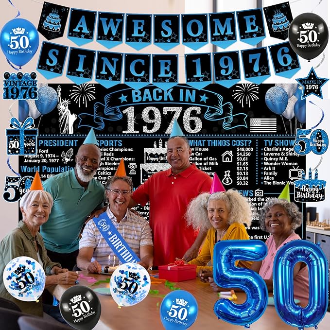 50th Birthday Decorations for Men Black Blue Back in 1976 Poster
