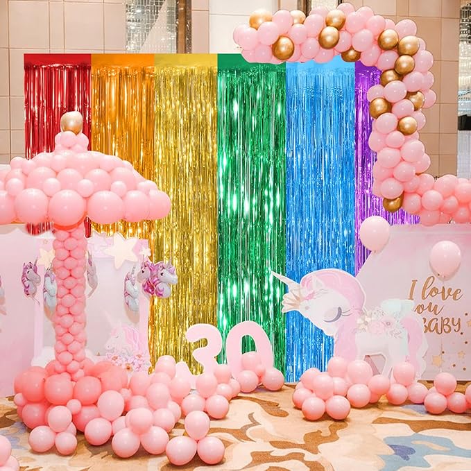 Rainbow Metallic Tinsel Foil Fringe Curtains, 2 Pack 3.3x8.3 Feet