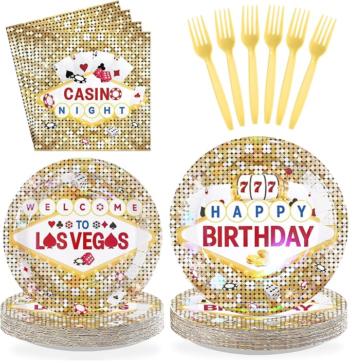 96Pcs Casino Theme Birthday Party Decorations Gold Glitter Plates