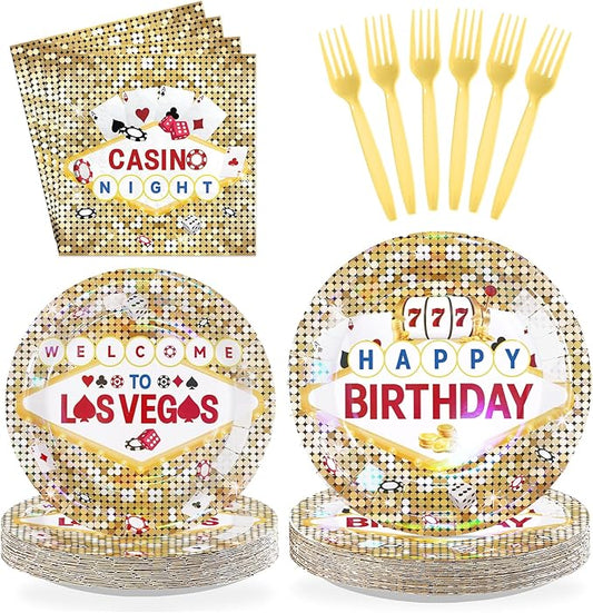 96Pcs Casino Theme Birthday Party Decorations Gold Glitter Plates