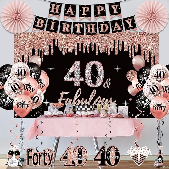 40th Birthday Decorations for Women 33pcs Black Rose Gold Happy 40th