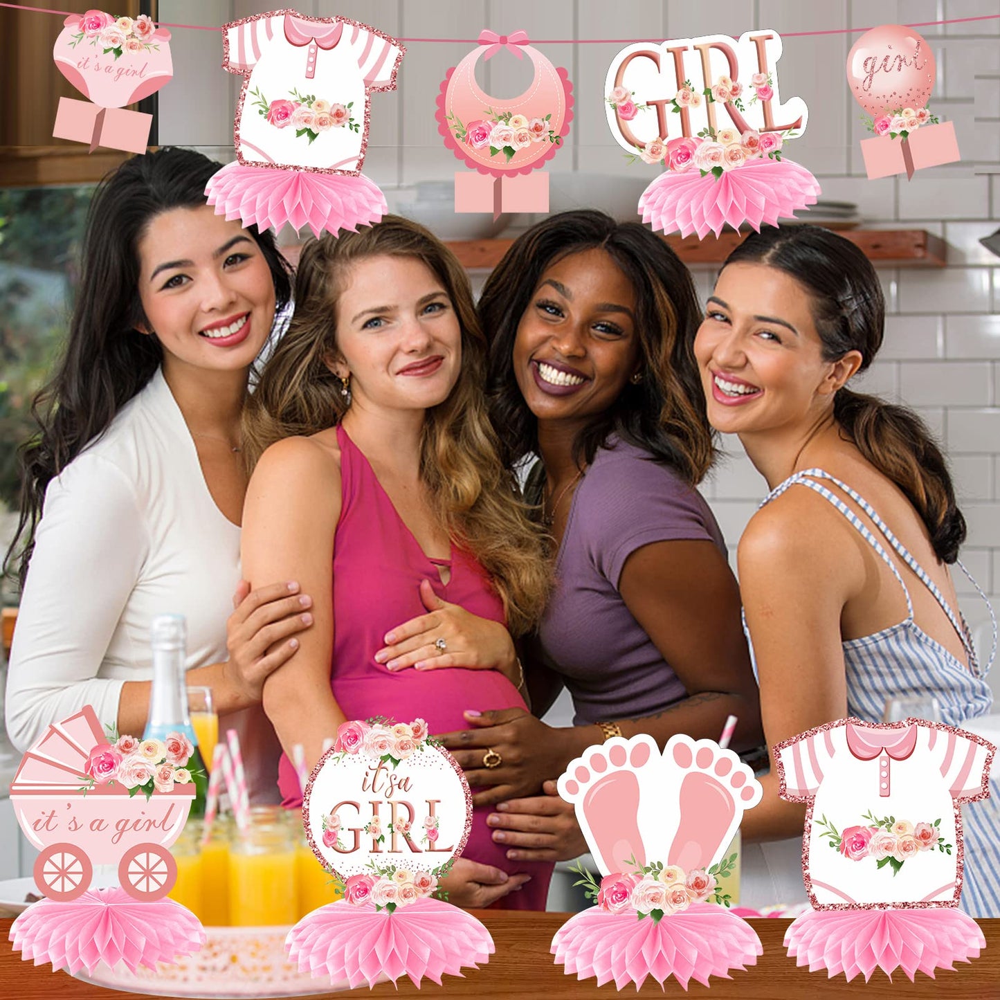 Aodocuto 12Pcs Pink Rose Gold Baby Shower Decorations Honeycomb