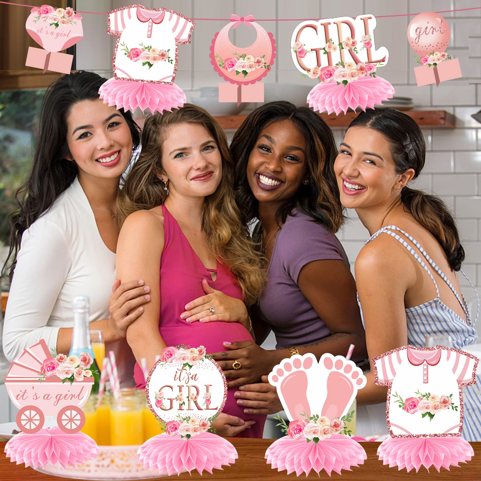 Aodocuto 12Pcs Pink Rose Gold Baby Shower Decorations Honeycomb