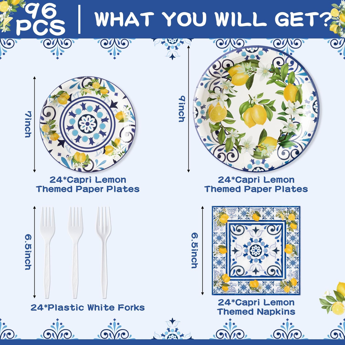 G1ngtar 96Pcs Capri Lemon Blue Tiles Yellow Lemon Summer Citrus Fruit