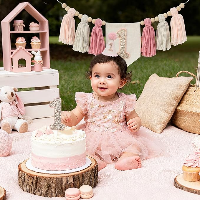 Pink 1st Birthday Decoration High Chair Banner for Girl 1st Birthday