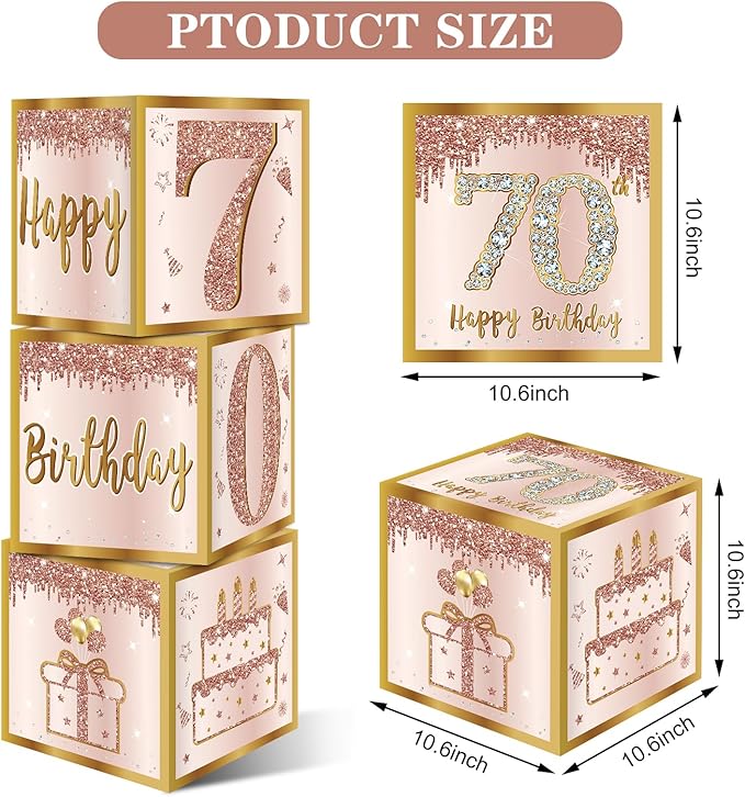 3Pcs 70th Birthday Decorations Boxes for Women Pink Rose Gold 70th