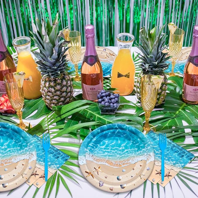 100 Pcs Summer Beach Tableware Party Supplies Disposable Ocean Waves