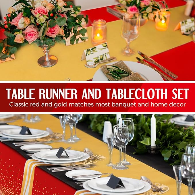 Breling 24 Pack Red and Gold Disposable Plastic Tablecloths and Satin