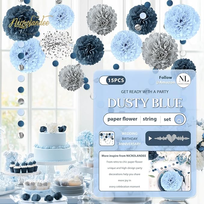 Dusty Blue Wedding Decorations 15 PCS Tissue Pom Poms Paper Garland