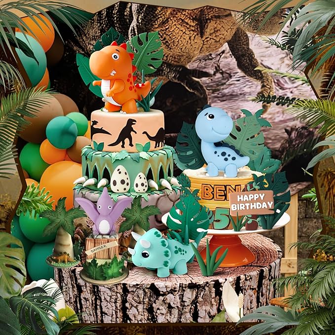 17PCS Dinosaur Cake Topper Dinosaur Eggs Leaves Grasses Cake