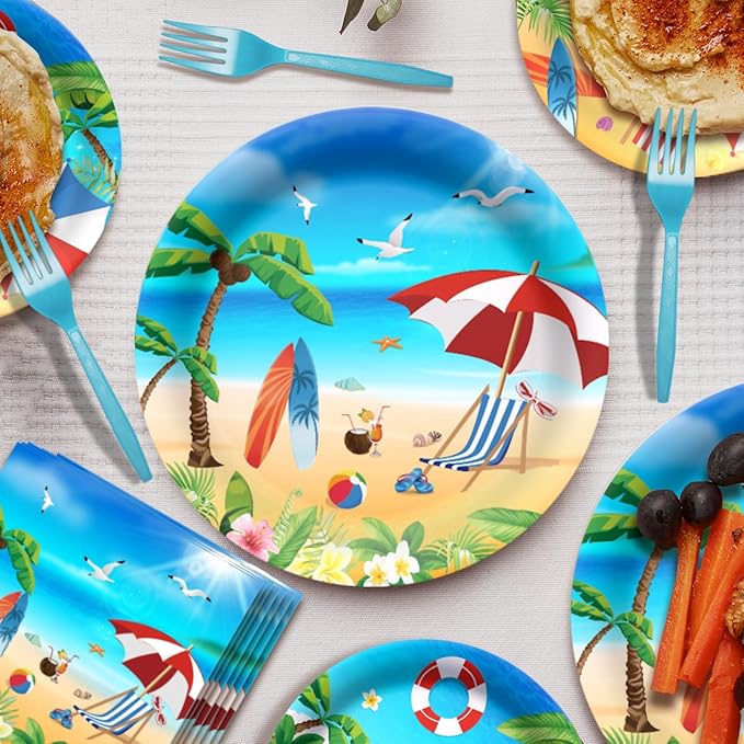 96 Pcs Beach Party Supplies Summer Beach Plates and Napkins Set