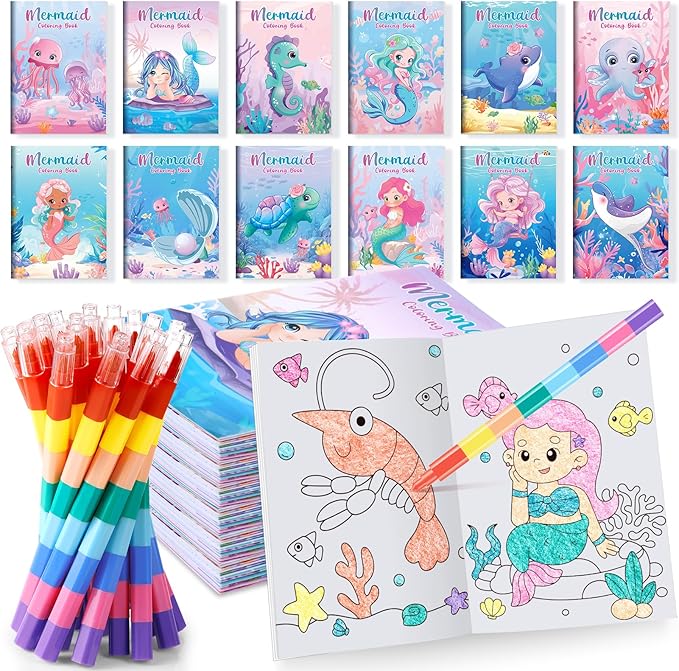 12 Mermaid Mini Coloring Books Kids with 12 Stacking Crayons Little