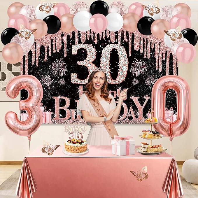 30th Birthday Decorations for Her 49pcs Black Rose Gold Black Happy