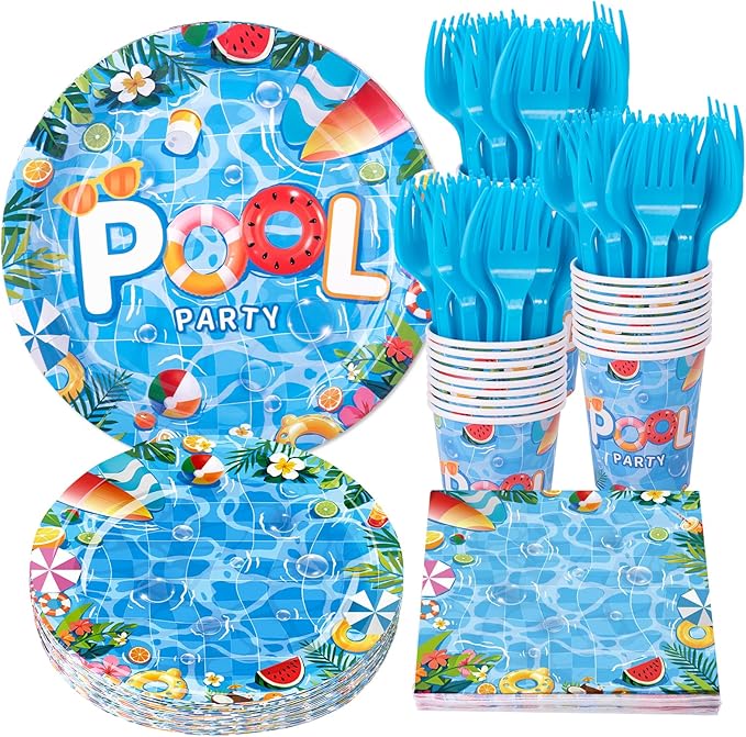 Pool Party Supplies Summer Decorations include Pool Party Plates
