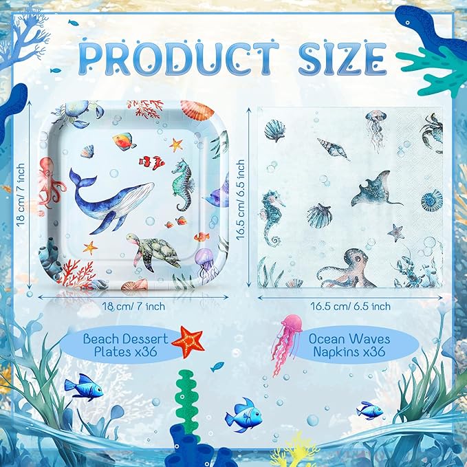 72 Pcs Under The Sea Plates and Napkins Set Serve 36 7 Square Paper