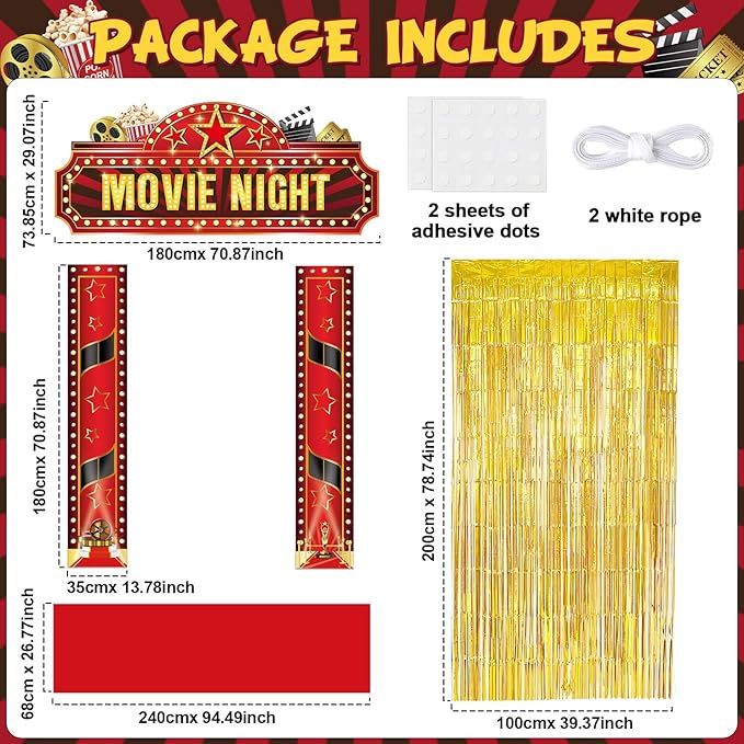 Movie Night Porch Banner Movie Themed Party Decorations Gold Foil