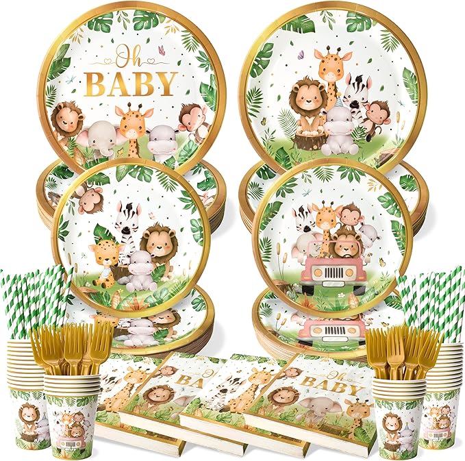 300 Pcs Safari Baby Shower Plates and Napkins Serves 50 Guests