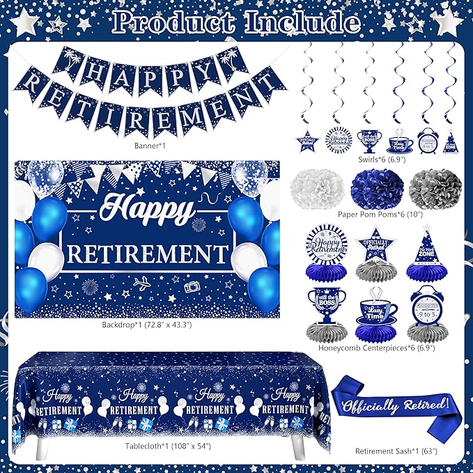 Retirement Party Decorations for Men Women 109Pcs Blue Silver Happy