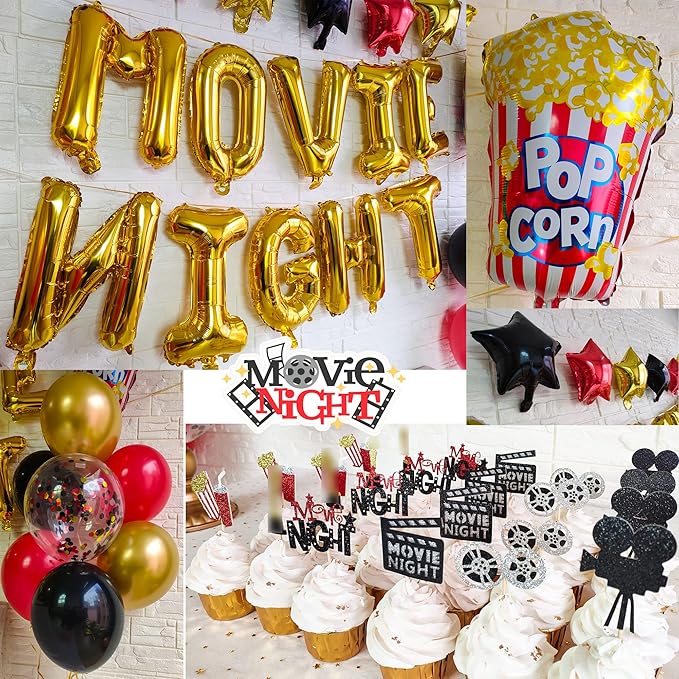 Movie Night Decorations Popcorn Star Foil Balloons Cupcake Toppers
