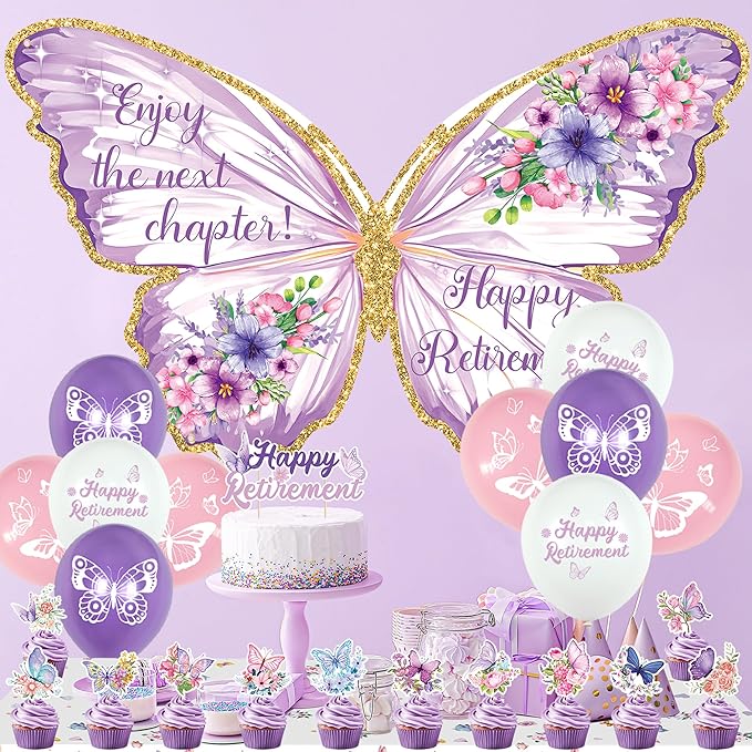 Butterfly Retirement Decorations Purple Happy Retirement Banner
