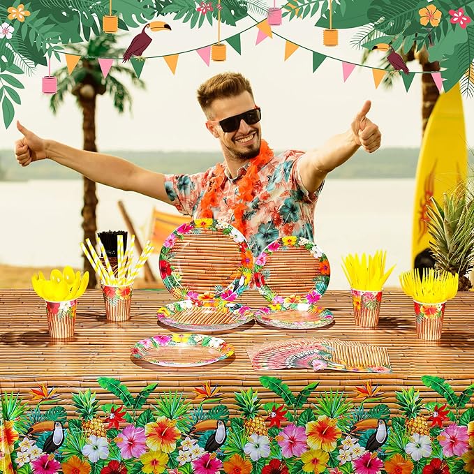 130 Pcs Tiki Party Supplies Sets Hawaiian Party Decor Luau Plates