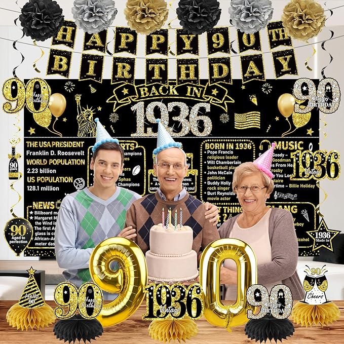 90th Birthday Decorations for Men Women 21pcs the Year 1936 Banner