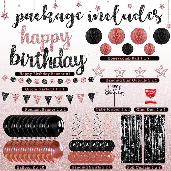 Rose Gold and Black Birthday Party Decorations Set Happy Birthday