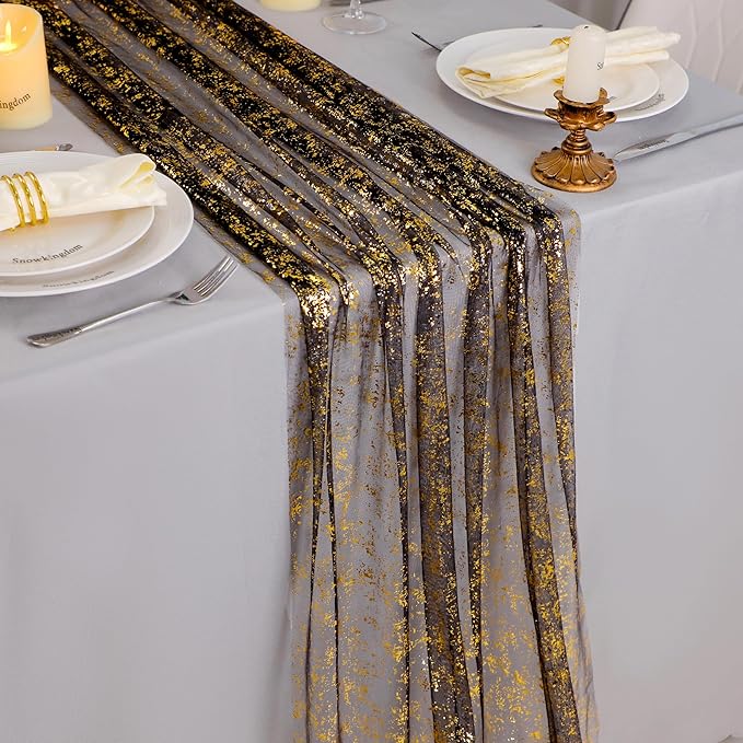Snowkingdom Black and Gold Cheesecloth Table Runner 10 FT, Sheer