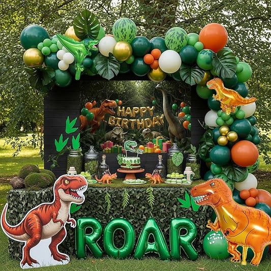 Dinosaur Birthday Decorations include Hunter Green Bunt Orange White