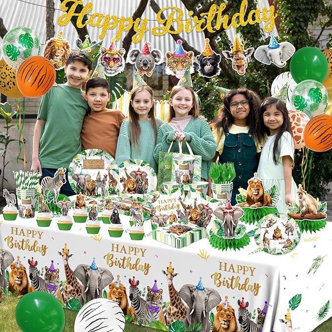 Safari Themed Party Decorations Tableware 198pcs Jungle Plates and