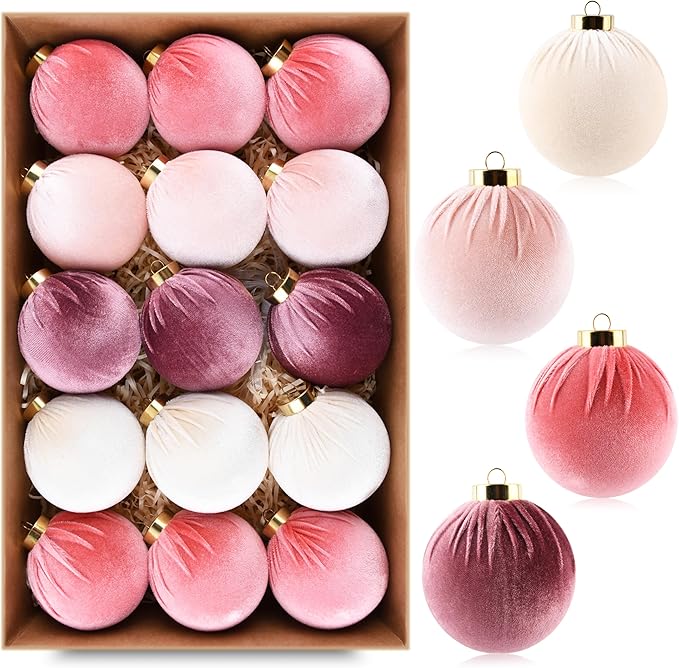 Velvet Christmas Ornaments Balls for Tree - 15pcs Pink Christmas