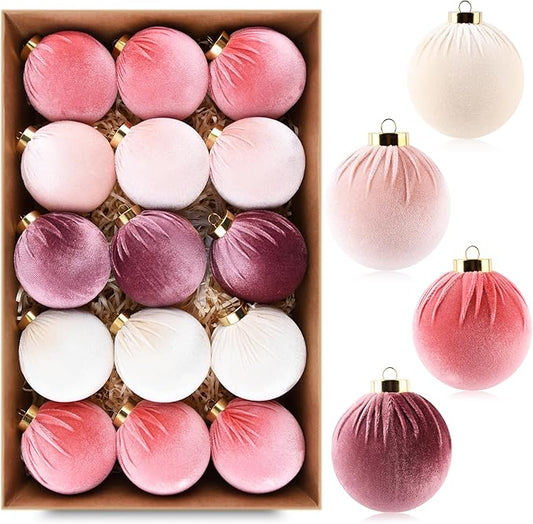 Velvet Christmas Ornaments Balls for Tree - 15pcs Pink Christmas
