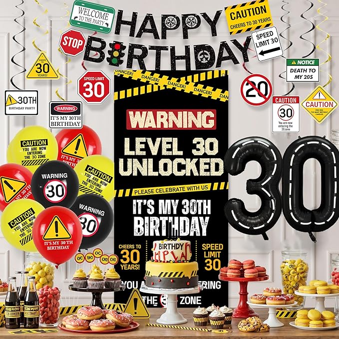 30th Birthday Decorations Men Women Caution Logo Level 30 Unlocked