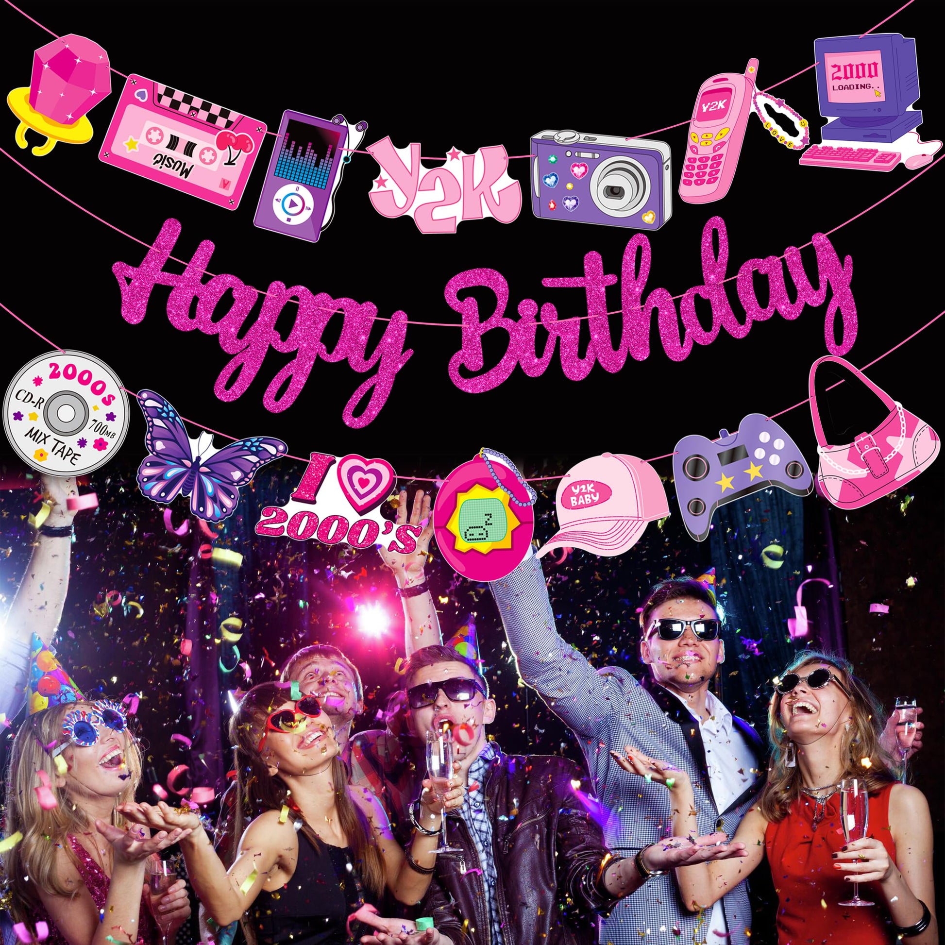 3pcs Y2K Birthday Party Banners 2000s Pink Birthday Party Decorations
