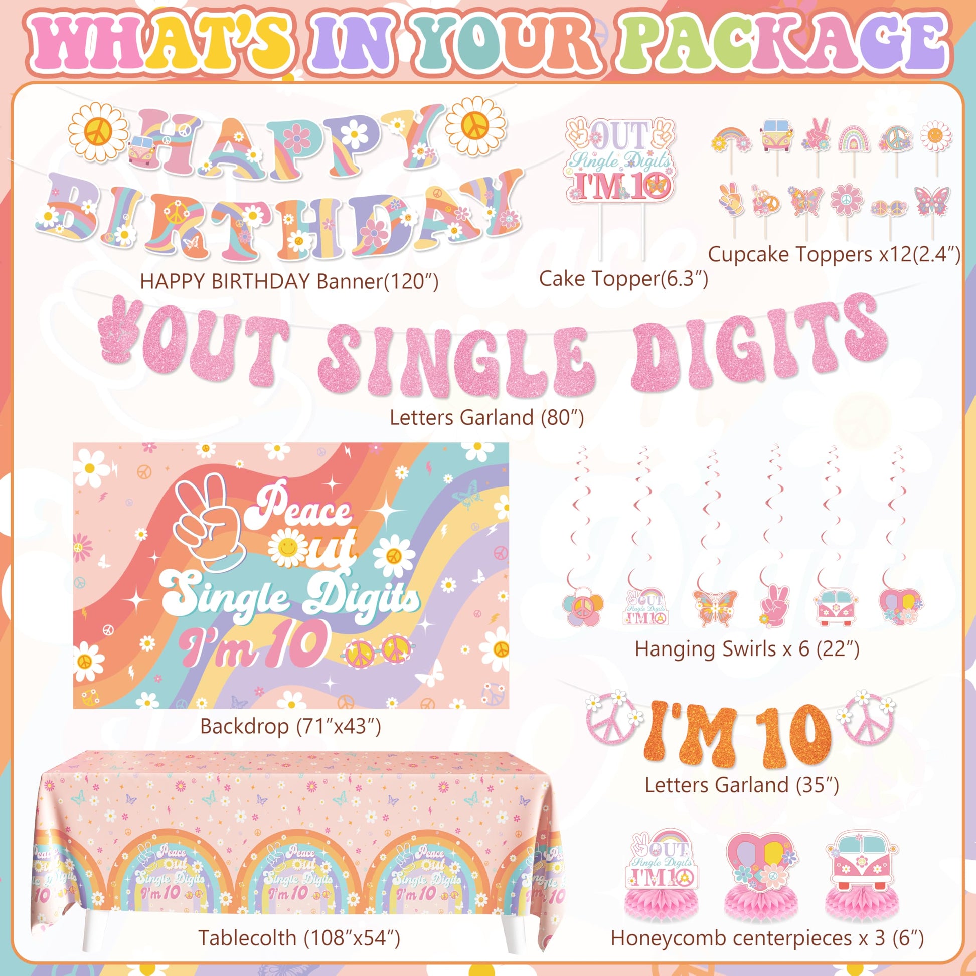 10th Birthday Decorations for Girl, Peace Out Single Digits Party